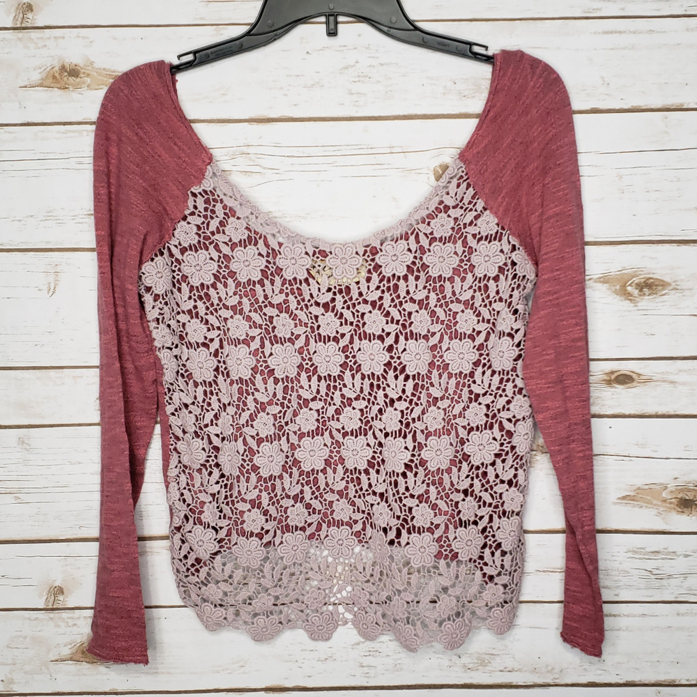 Free People Lace Front Long Sleeve Crop Top